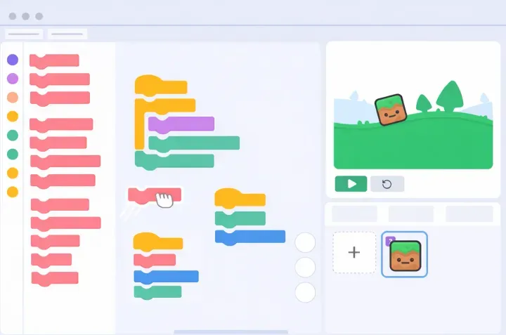 Oberfläche des From Scratch Editors mit farbigen Programmierblöcken