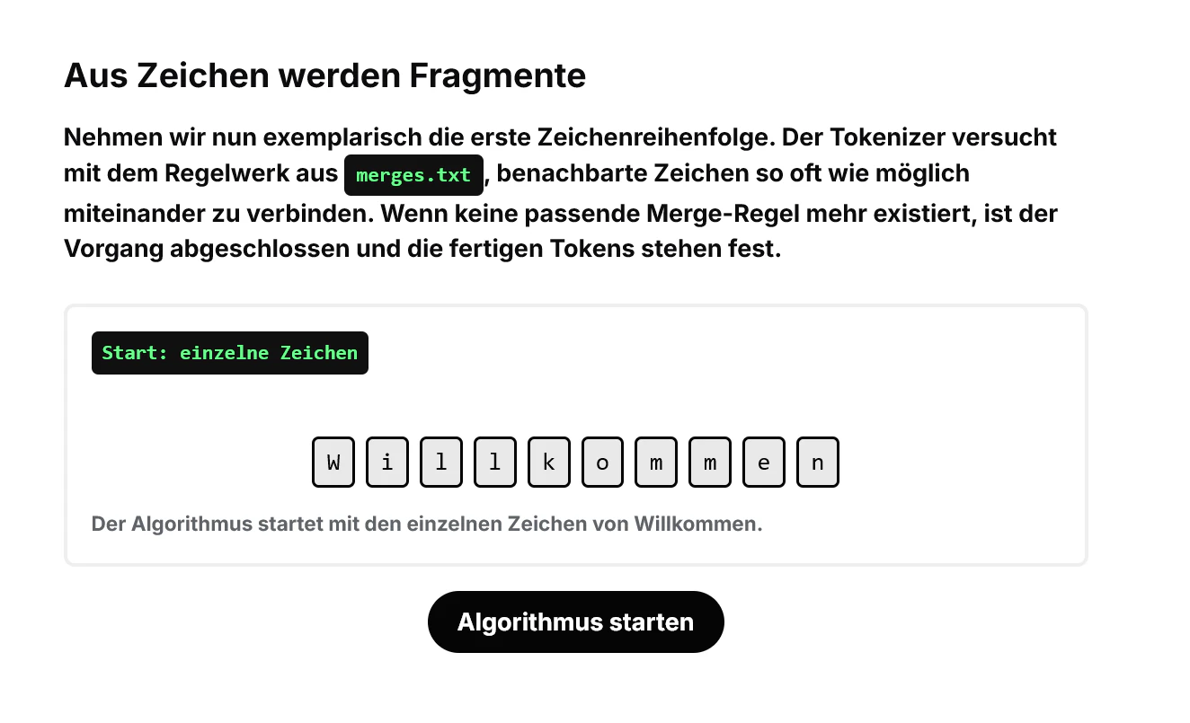 Interaktive Darstellung, die das Wort Willkommen in einzelne Zeichen zerlegt